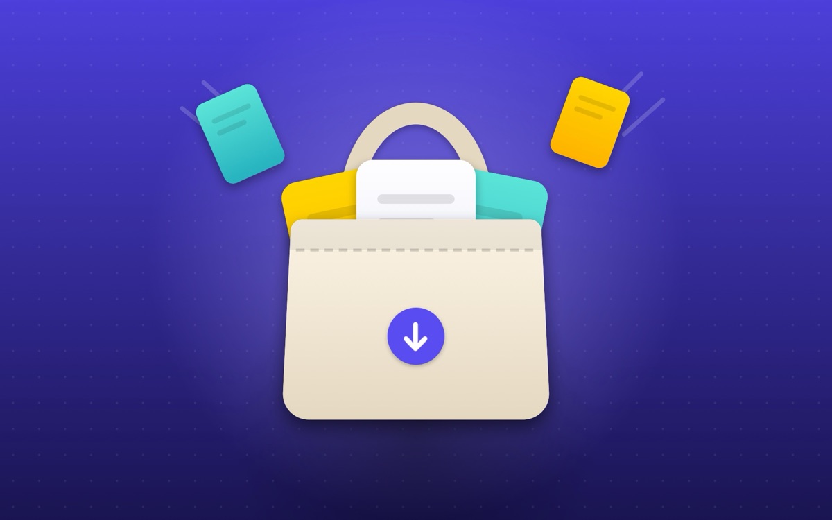 Tote: a canvas tote bag with files dropping into it